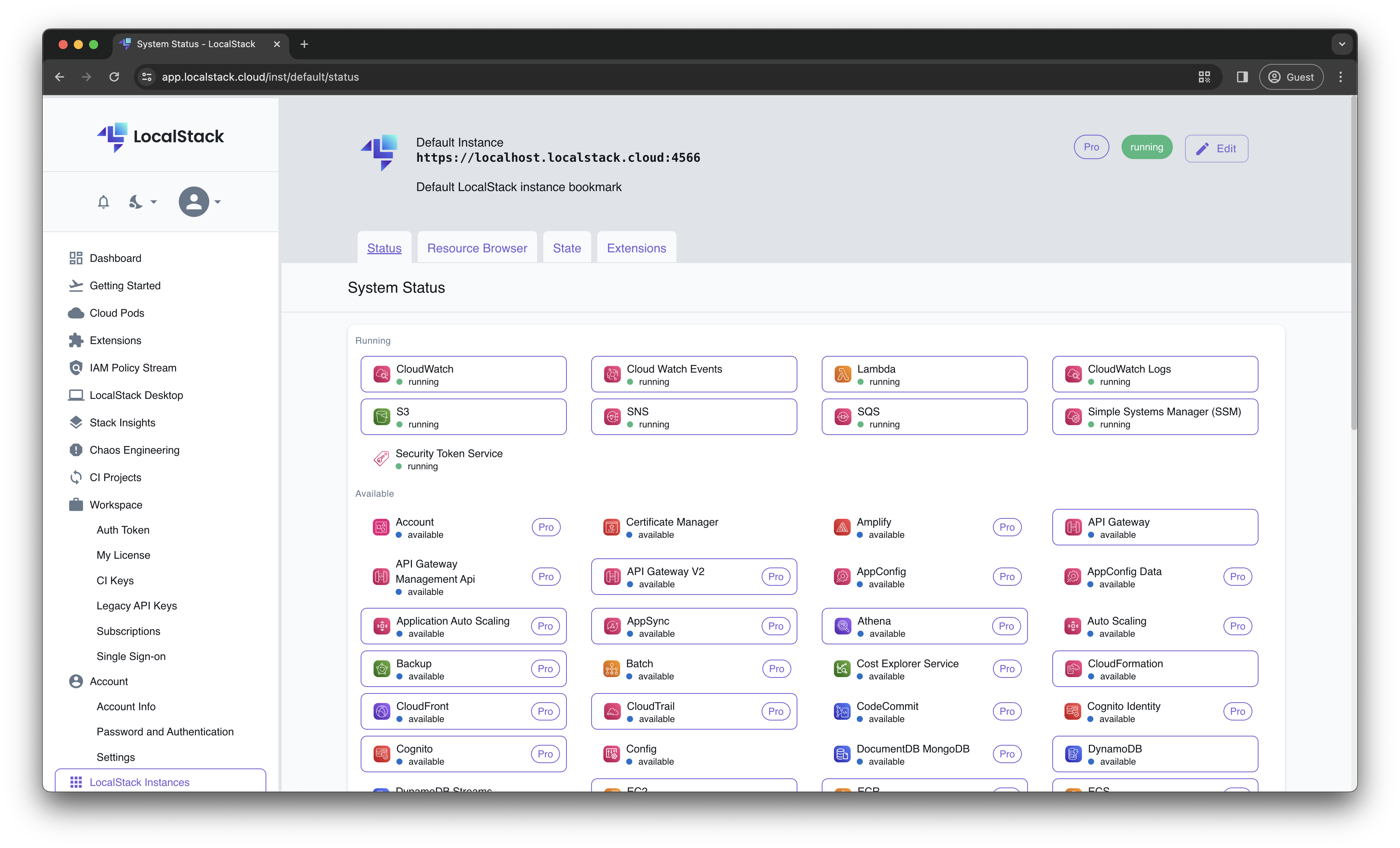 Status Page of the LocalStack Web Application“